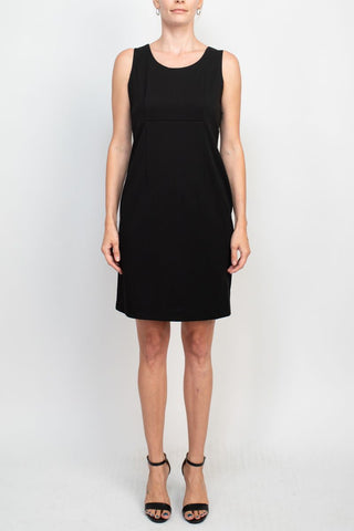 Studio One Scoop Neck Sleeveless Bodycon Zipper Back Solid Stretch Crepe Dress with ¾ Open Front Quilted Jacket - Glamourous Grace