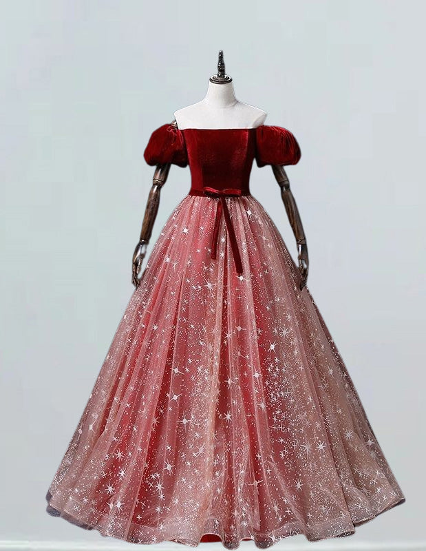 Girls' Burgundy Velvet Off-Shoulder Ball Gown | Sparkle Tulle Prom Dress