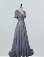 Women's Elegant Gray Sequin V-Neck Prom Dress | Floor-Length Evening Gown