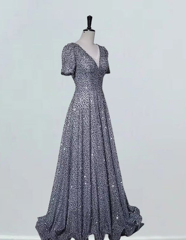 Women's Elegant Gray Sequin V-Neck Prom Dress | Floor-Length Evening Gown