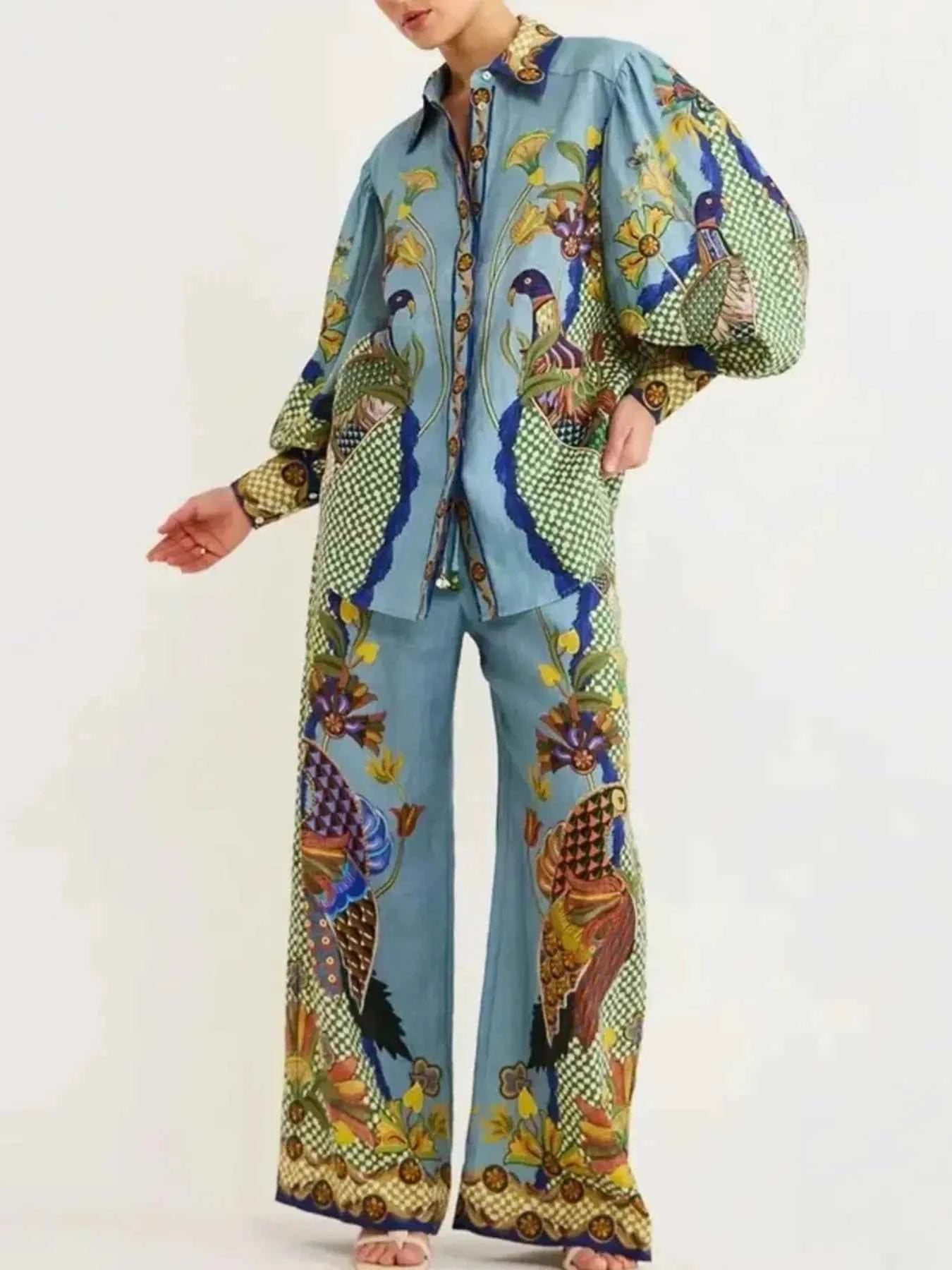 Printed Button Up Shirt and Pants Set