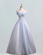 Elegant Blue Lace Applique Off-Shoulder Prom Dress | Sparkle Tulle Evening Gown
