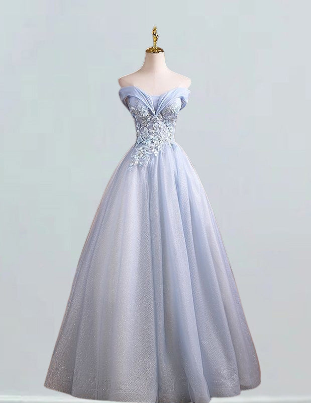 Elegant Blue Lace Applique Off-Shoulder Prom Dress | Sparkle Tulle Evening Gown