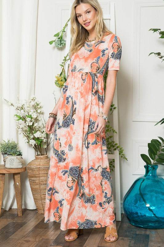 Celeste Paisley Print Short Sleeve Maxi Dress with Pockets - By Baano