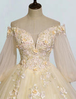 Champagne long tulle ball gown,long sleeve Lace applique Bridal gown