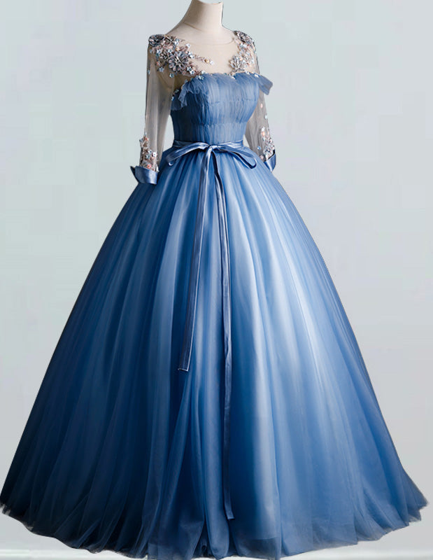 Elegant Blue Tulle Ball Gown | Scoop Neck Lace Applique | Long Prom & Bridal Dress