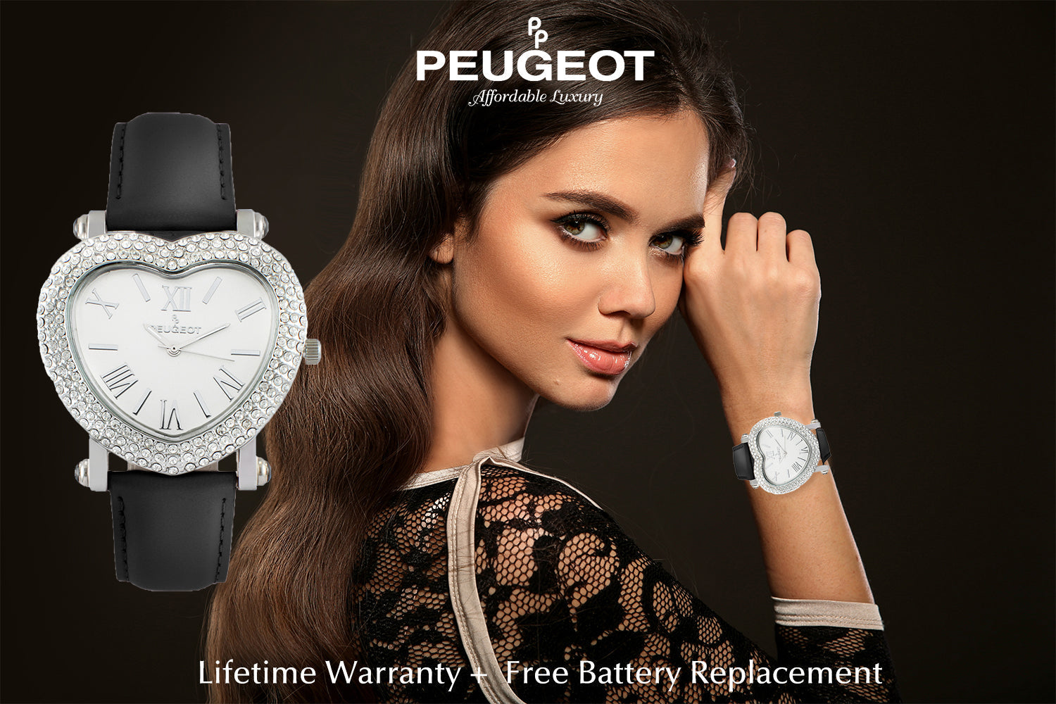 Women's 38mm Black Crystal Heart Watch with Leather Strap Peugeot Watches