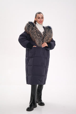 Rei Genuine Fur Trim Hooded Down Coat in Navy - By Baano
