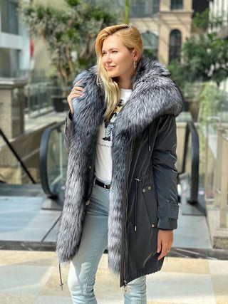 Genuine Silver Fox Fully Lined Hood Rabbit Insulated Parka - By Baano