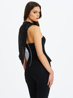 Quinette Black Peplum Top with Beaded Asymmetrical Cape Miss Circle