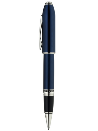 Peerless™ Polished Translucent Cobalt Blue Engraved Diamond Pattern with Polished Chrome Appointments and Swarovski Crystal Rollerball Pen - By Baano