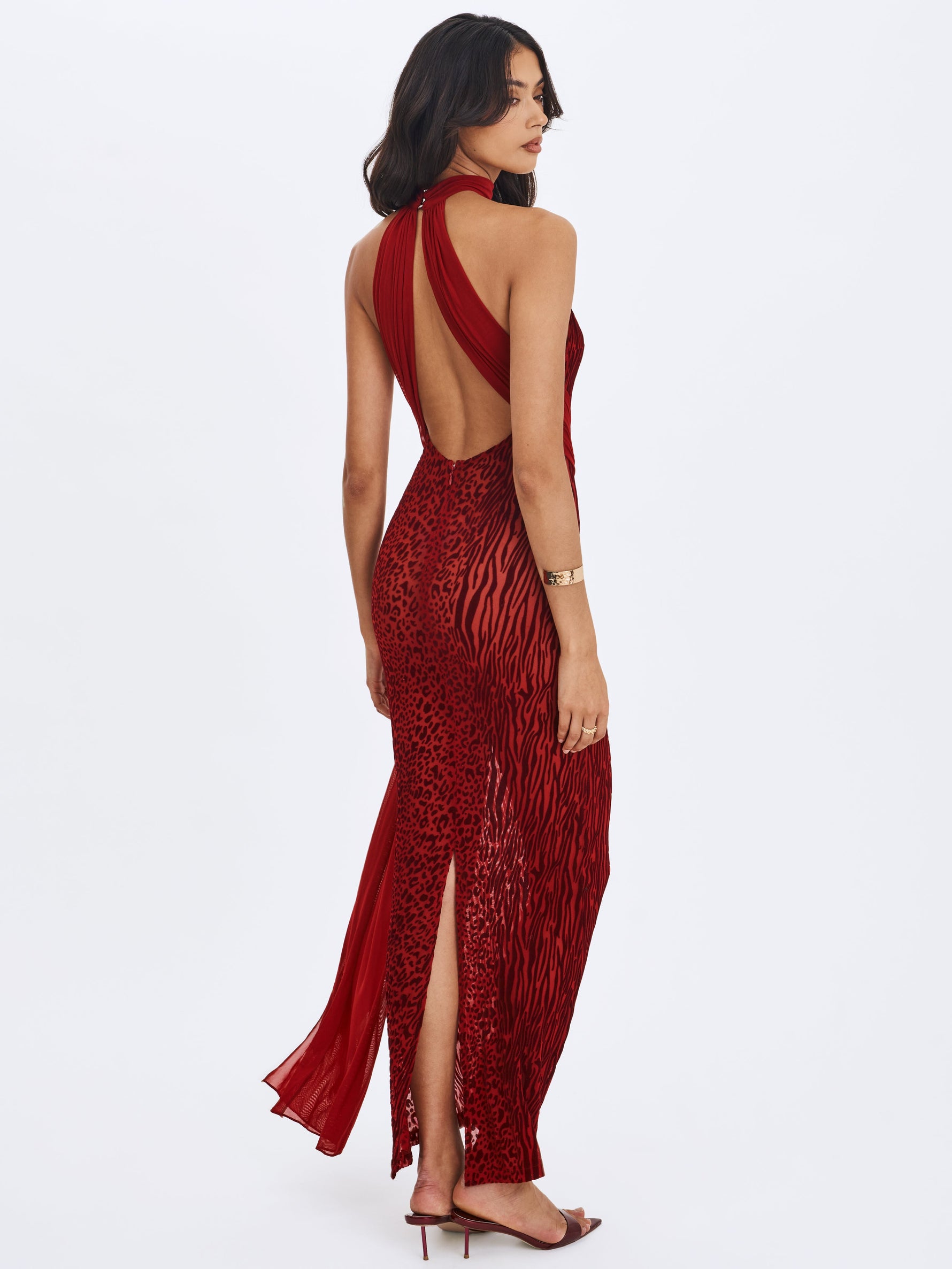 Cerise Scarlet Burnout Velvet Multiwear Mesh Ribbon Maxi Dress