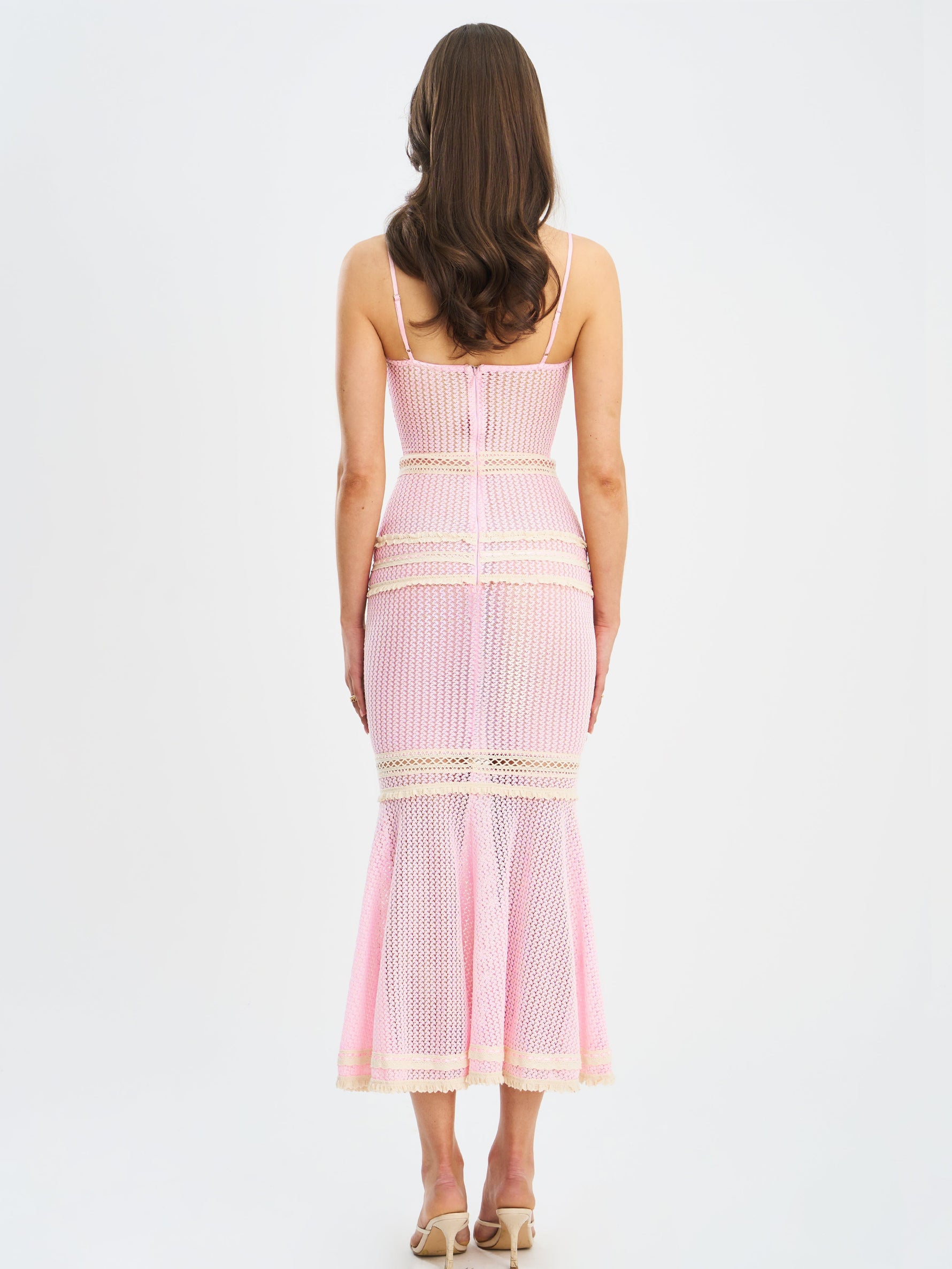 Pallas Pink Lace Trim Crochet Mermaid Maxi Dress