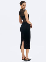 Quielle Black Mesh and Velvet Midi Bodycon Dress Miss Circle