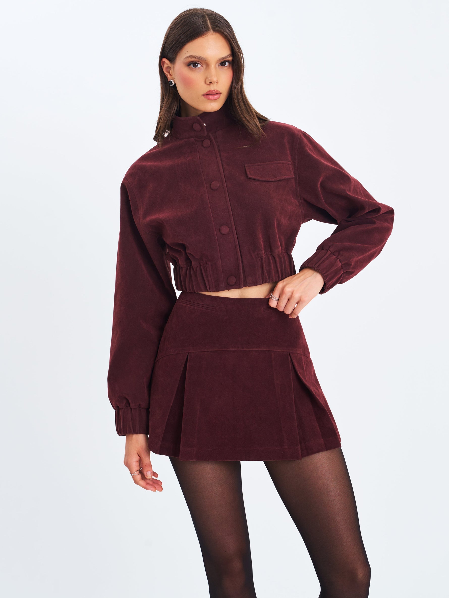 Farryn Mahogany Vegan Suede Cropped Bomber Jacket Miss Circle