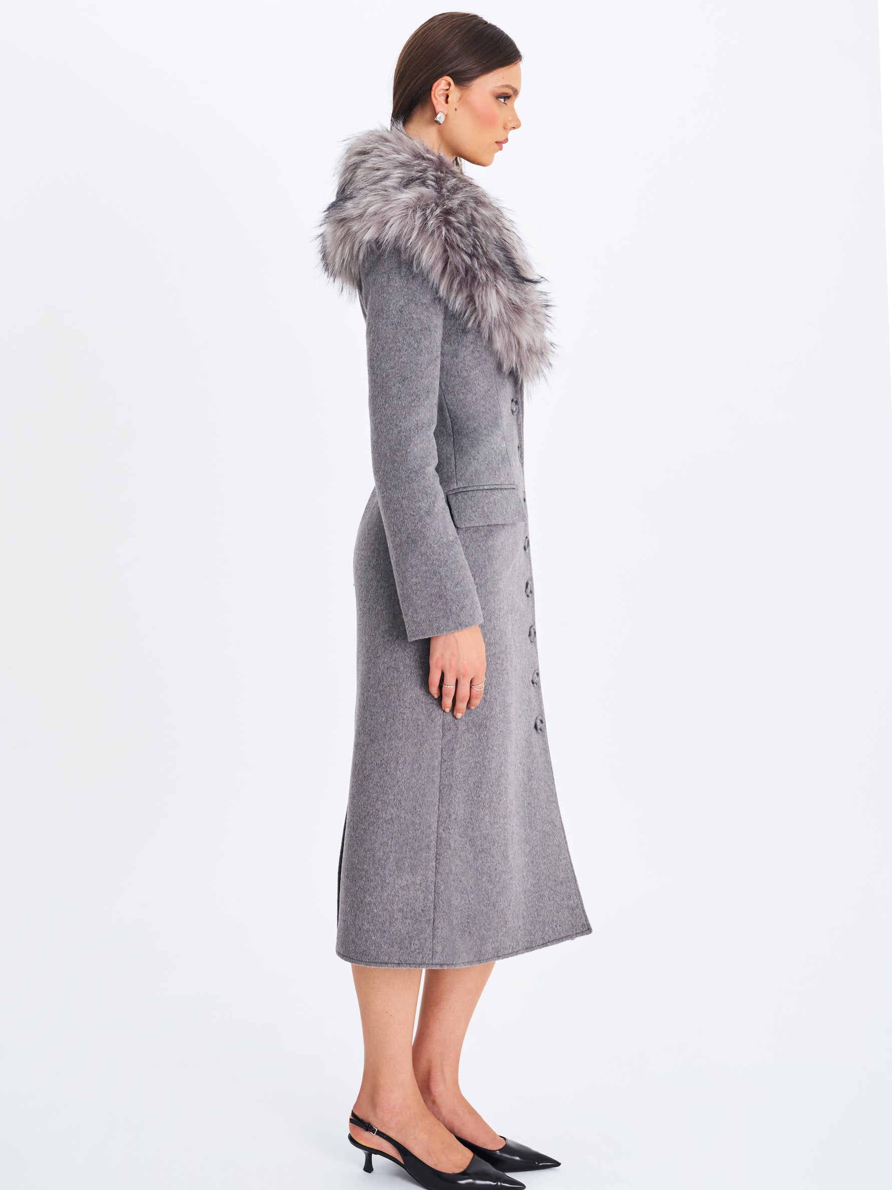 Faye Grey Wool Blend Single-Breasted Coat with Removable Faux Fur Collar Miss Circle