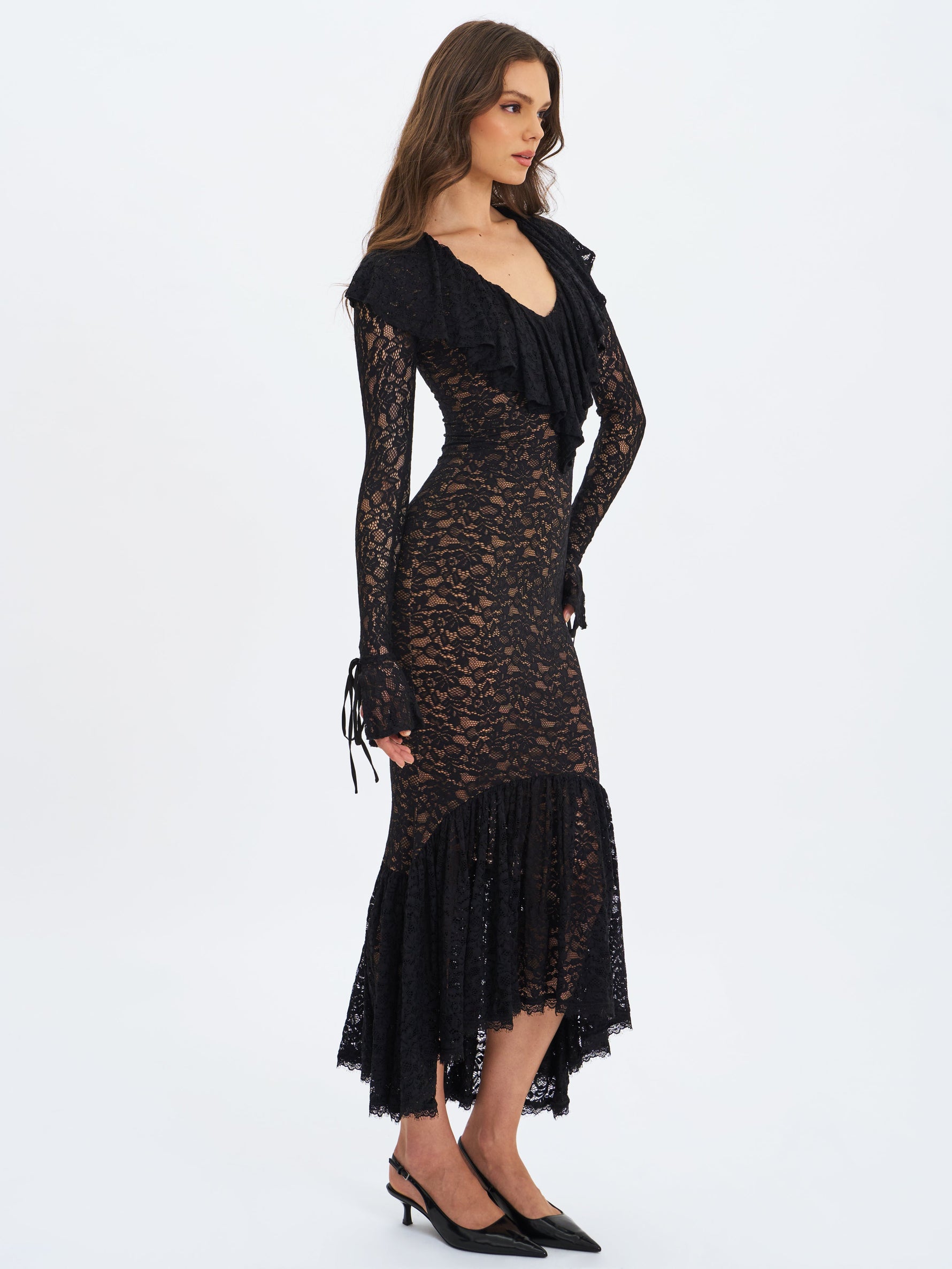 Parisa Black Lace Ruffled Mermaid Maxi Dress