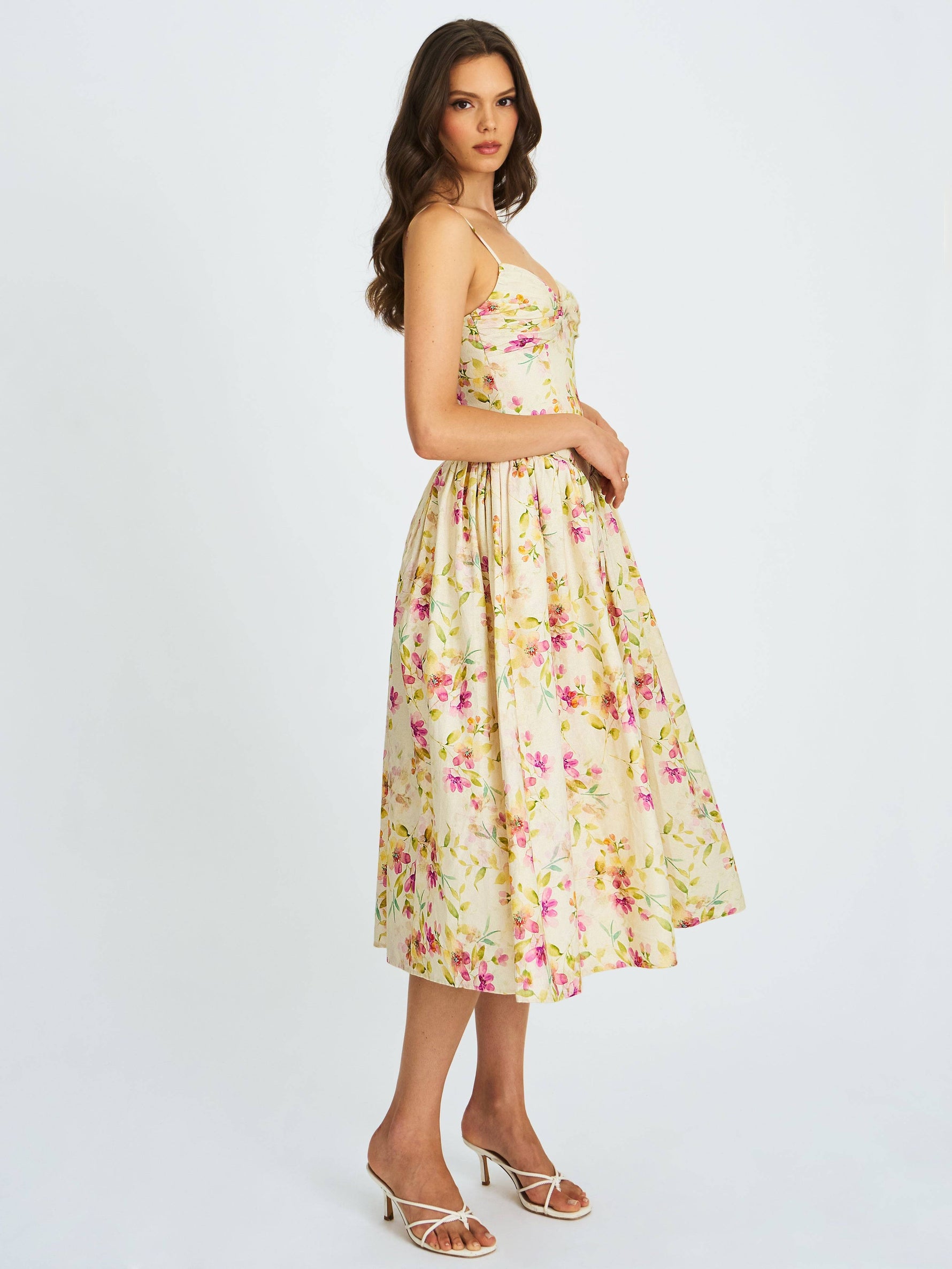 Jacinda Yellow Floral Print Ruched Breast Linen Midi Dress