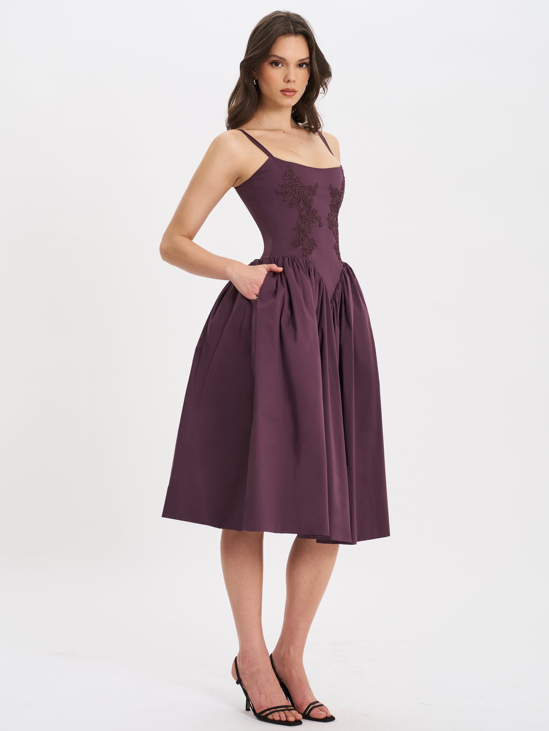 Oakleigh Blackberry Purple Cotton Lace-up Back Midi Dress Miss Circle