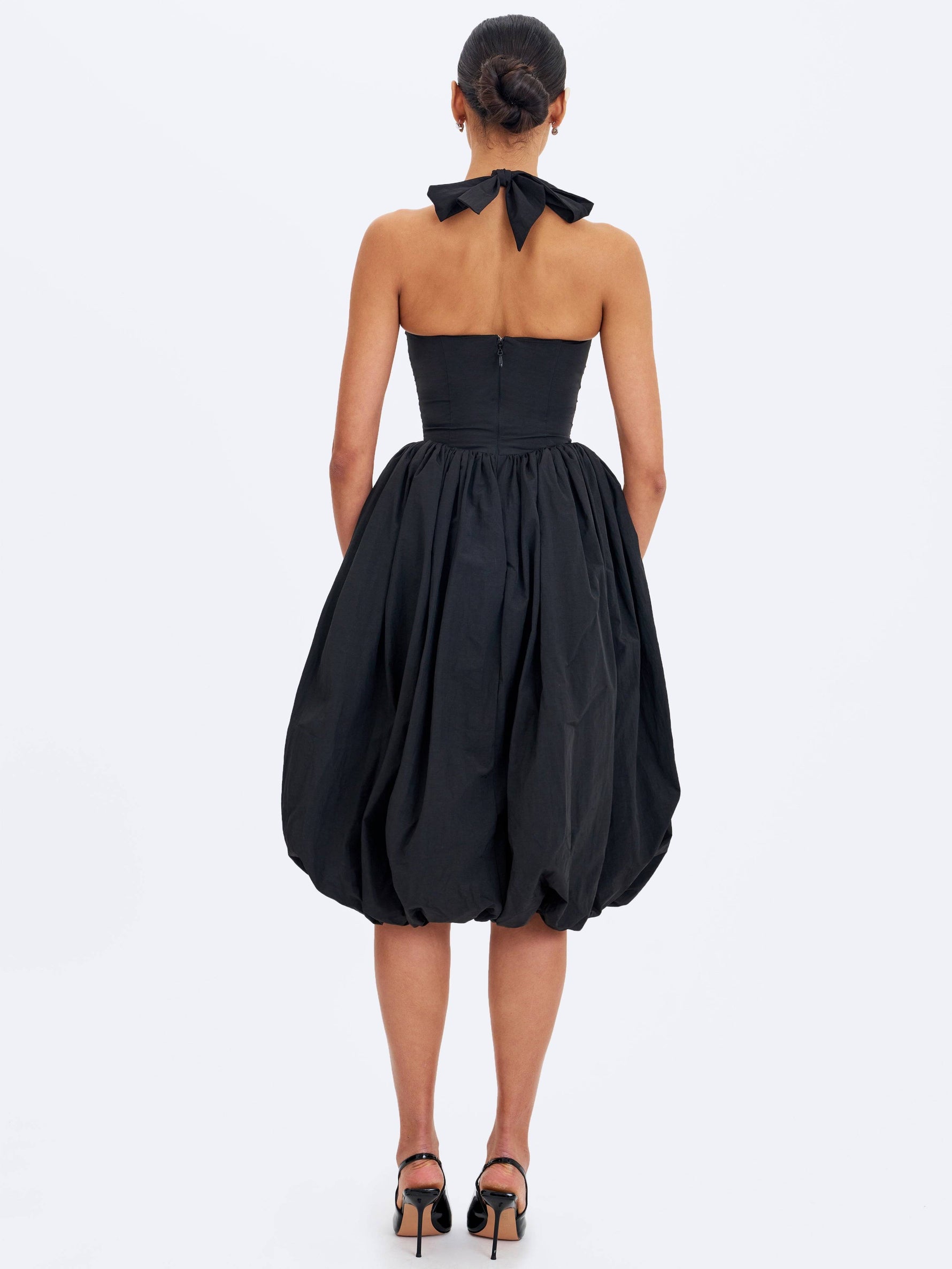 Veradis Black Taffeta Halter Bubble-Hem Midi Dress