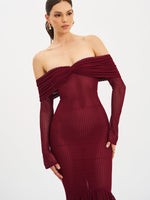 Kaedyn Burgundy Off Shoulder Long Sleeve Crochet Mermaid Maxi Dress Miss Circle