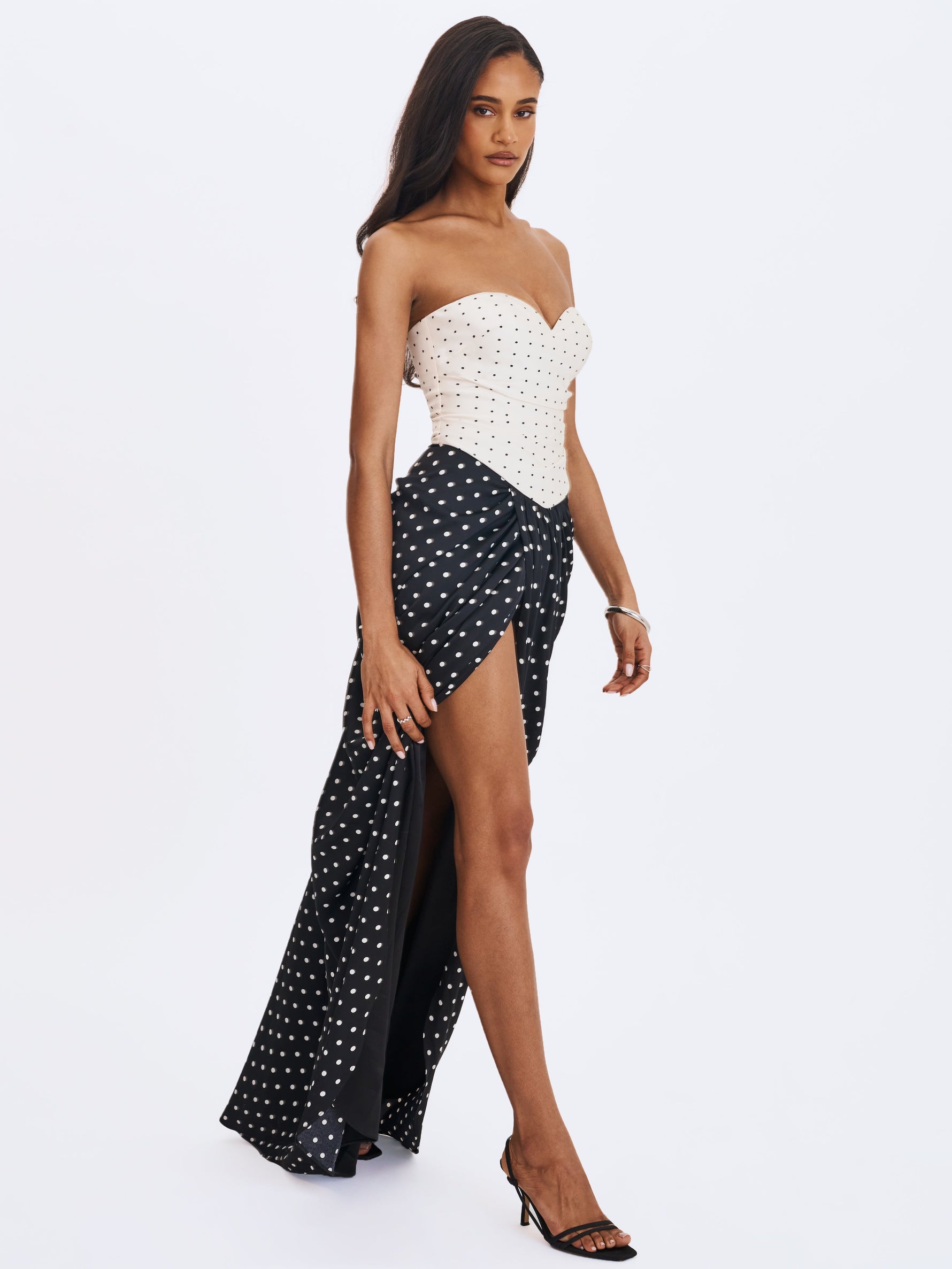 Tamryn Black & White Polka Dot Sweetheart Maxi Dress