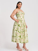 Jacinda Green Floral Print Ruched Breast Linen Midi Dress