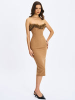 Rayanne Chestnut Strapless Fur-Trimmed Sweetheart Midi Dress