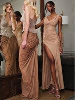 Viveca Apricot Crystal-Embellished Asymmetrical Ruched Maxi Dress