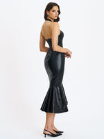 Gardenia Black Leather Midi Sweetheart Halter Flared Dress