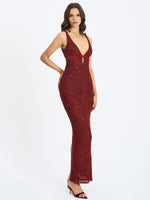 Elora Crimson Sequin Beaded Keyhole Maxi Dress Miss Circle