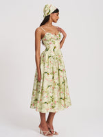 Jacinda Green Floral Print Ruched Breast Linen Midi Dress