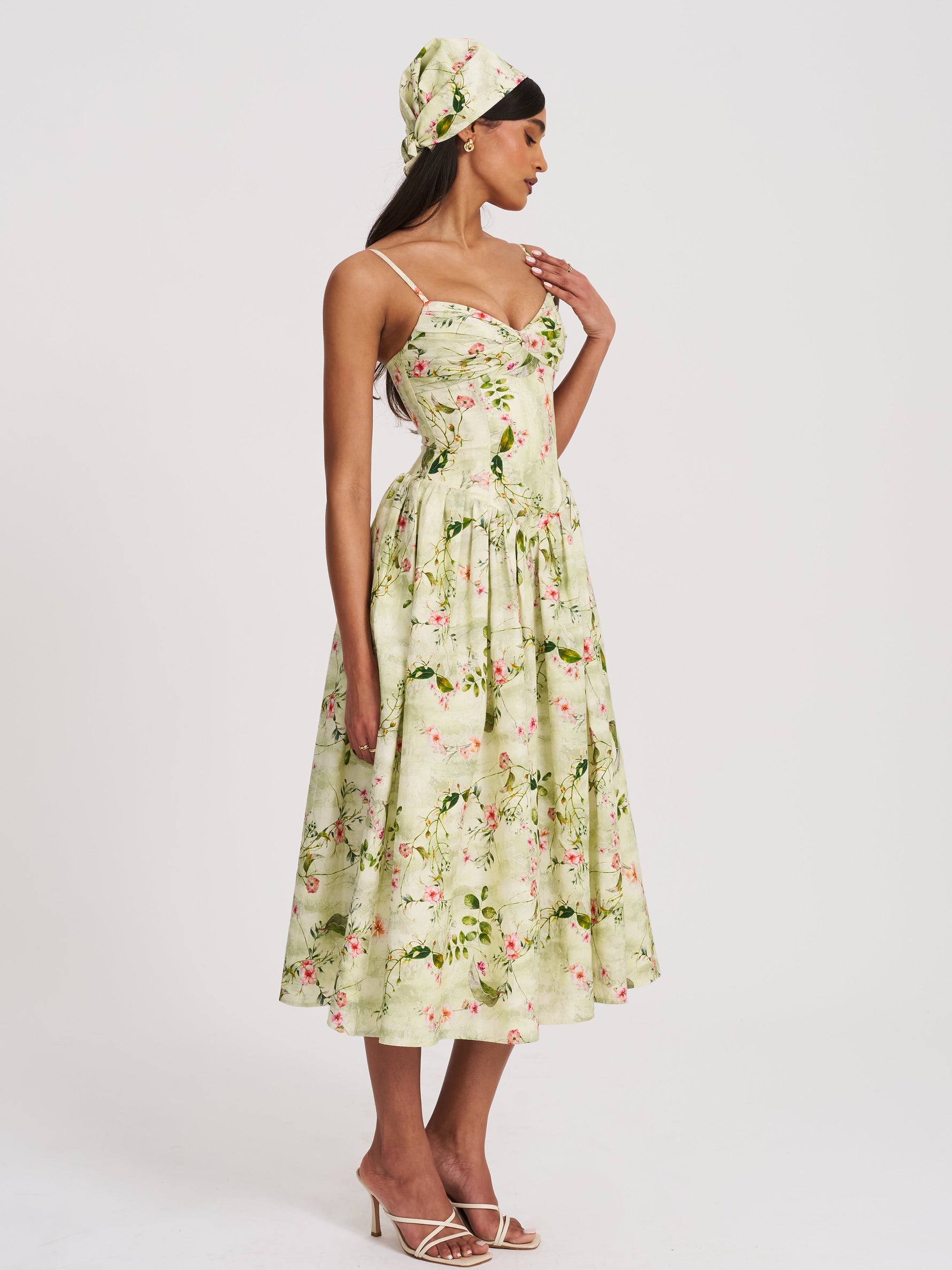 Jacinda Green Floral Print Ruched Breast Linen Midi Dress
