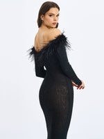 Emberly Black Fur Trimmed Off-Shoulder Rhinestone Mermaid Maxi Dress Miss Circle