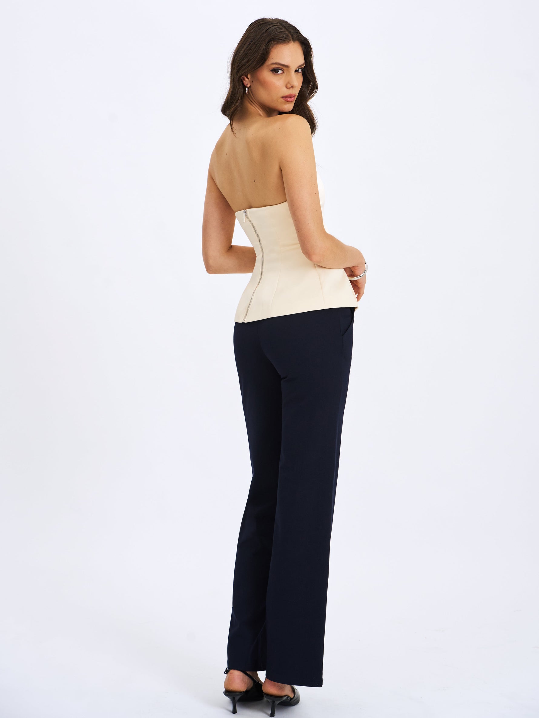 Yani Ivory Asymmetrical Lapel Sleeveless Peplum Top Miss Circle