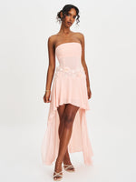 Mae Pink Ruched Breast Appliqué Trim Trailing Dress