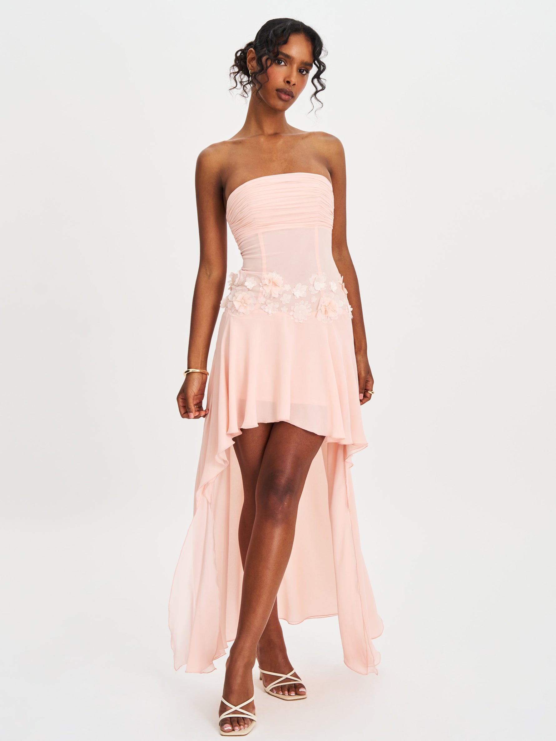 Mae Pink Ruched Breast Appliqué Trim Trailing Dress