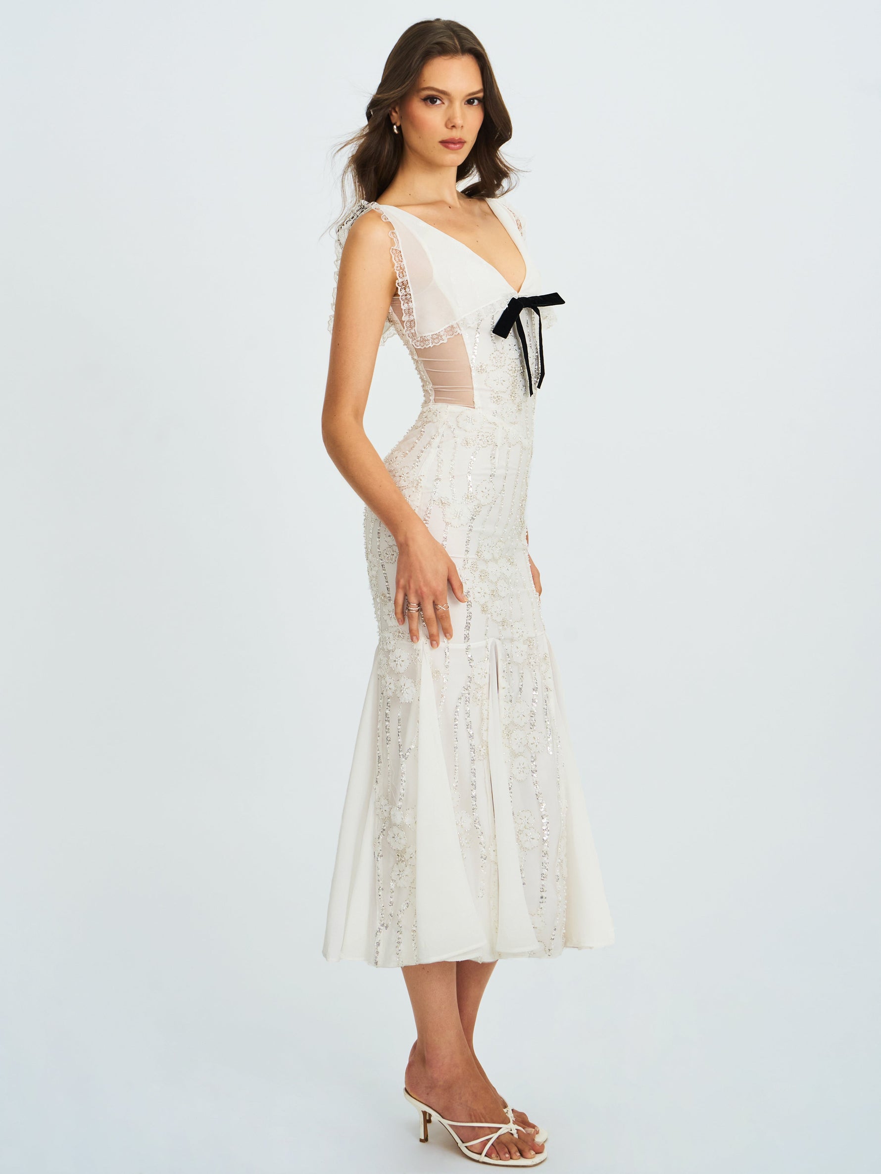 Paola White Peter Pan Collar Beaded Sequin Mermaid Midi Dress Miss Circle