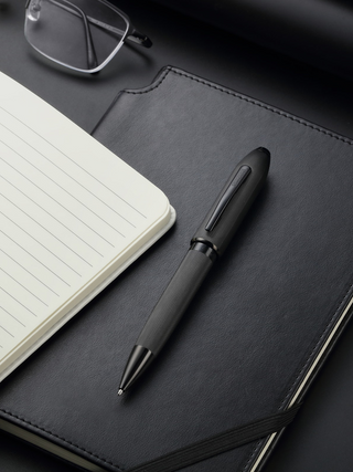 Peerless™ Polished Black PVD Engraved Diamond Pattern with Black PVD Appointments and Swarovski Crystal Ballpoint Pen - By Baano