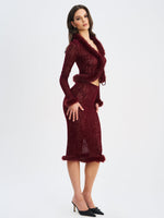 Halia Burgundy Animal Print Burnout Velvet Fur Trim Skirt Miss Circle