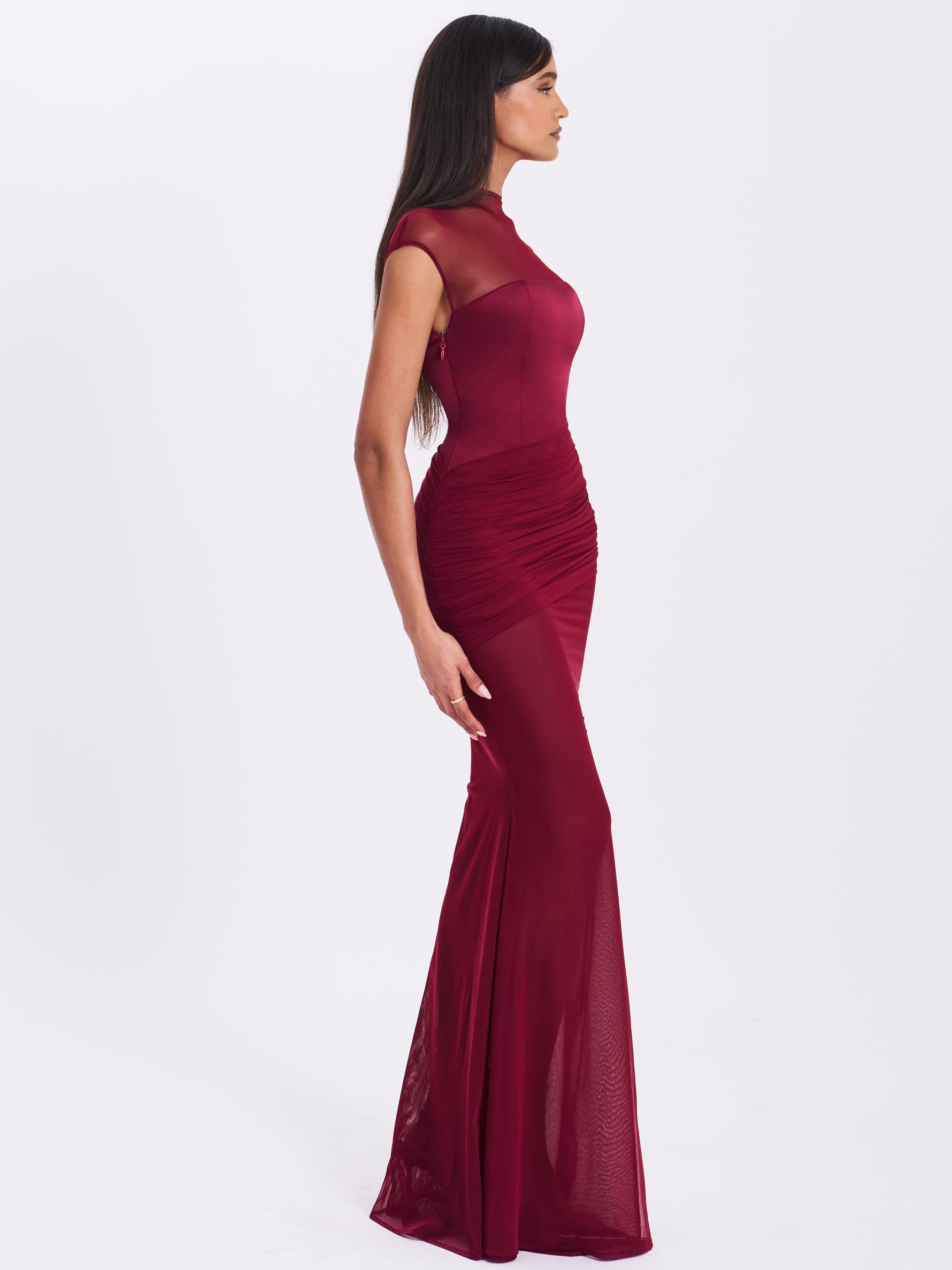 Fabienne Burgundy Mesh Cap Sleeve Mermaid Gown Miss Circle