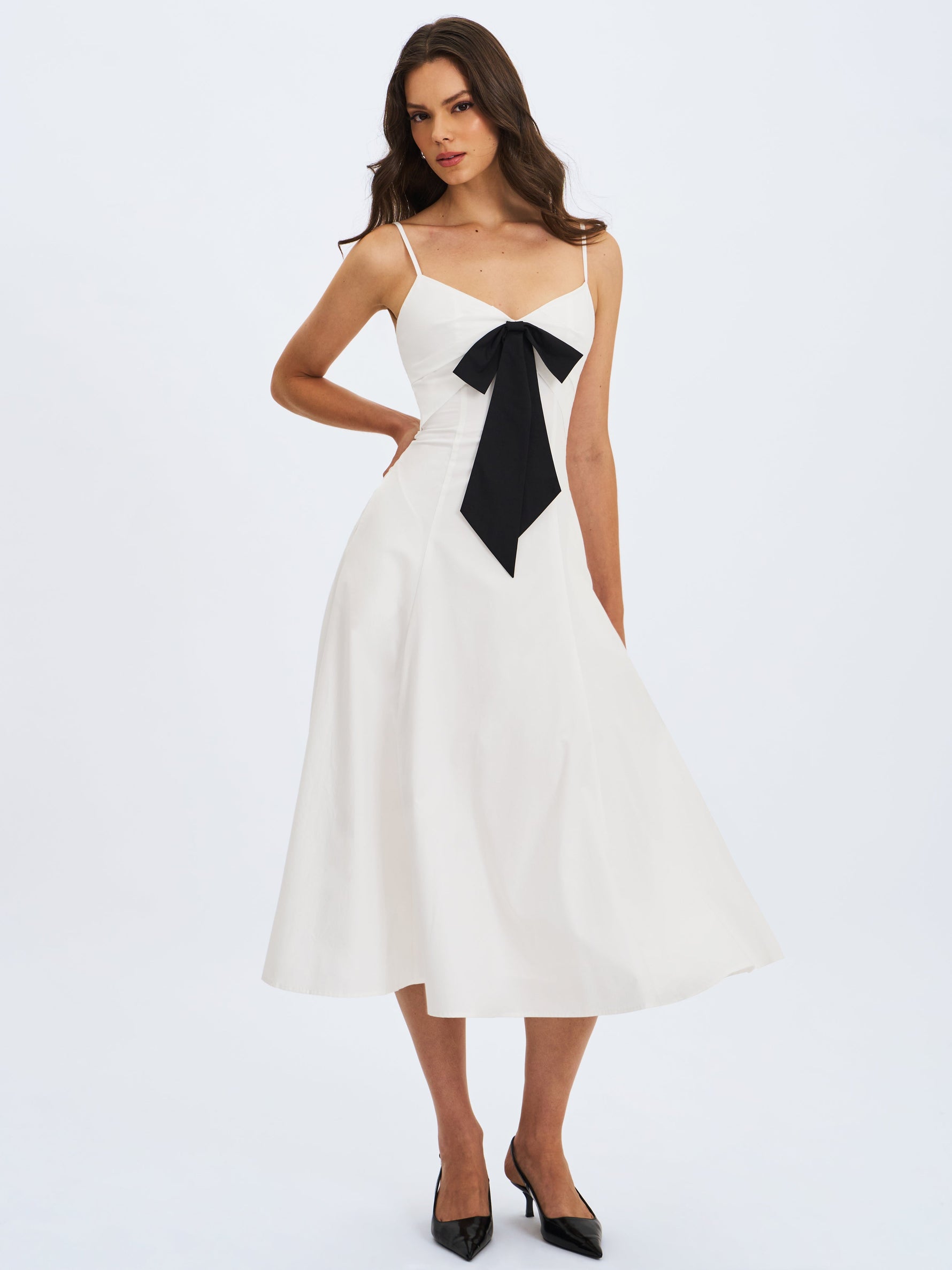 Corinne White Poplin Flared Midi Dress with Removable Bow Miss Circle