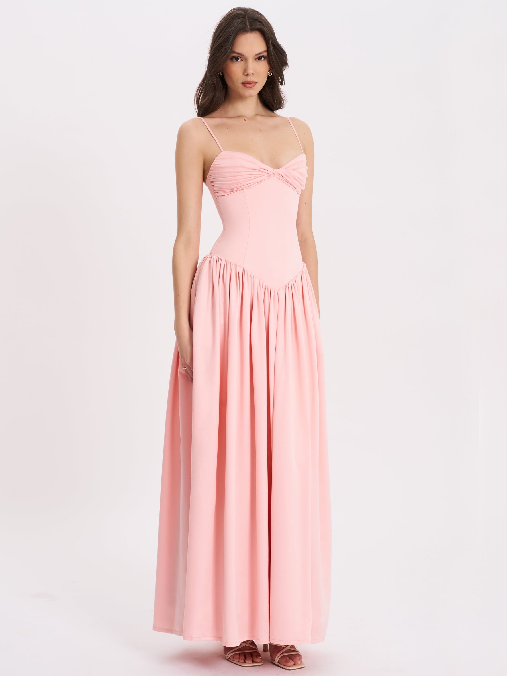 Najwa Baby Pink Ruched Breast Drop Waist Maxi Dress Miss Circle