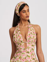 Mackenzie Green and Pink Floral Print Halter Linen Mini Dress Miss Circle