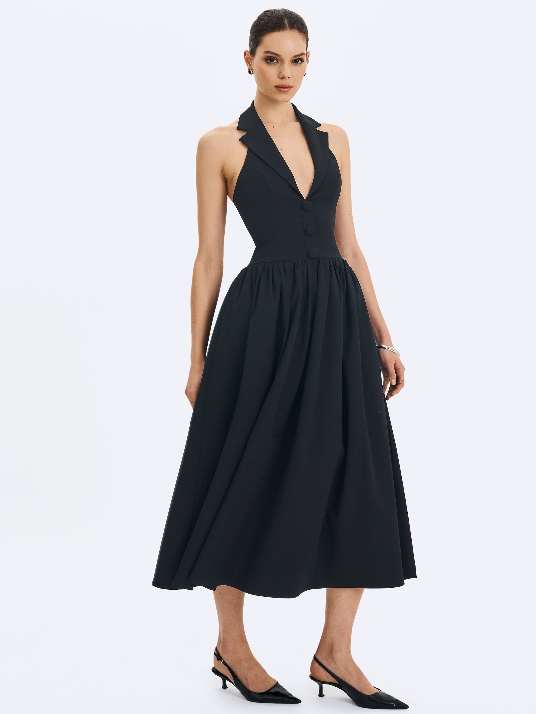 Delaney Black Lapel Halter Midi A-Line Dress Miss Circle