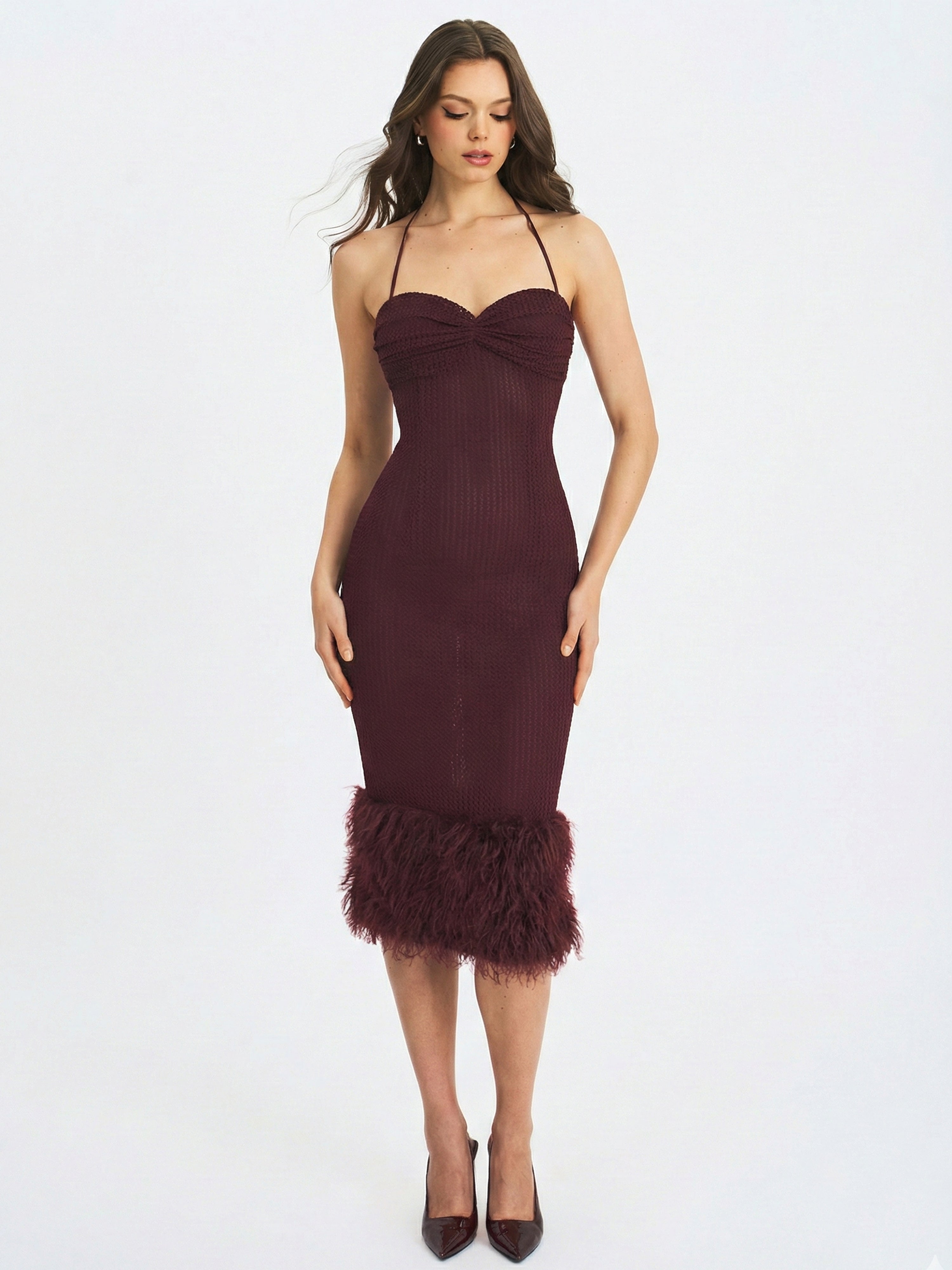 Pluma Maroon Halter Faux-Fur Trimmed Midi Dress Miss Circle