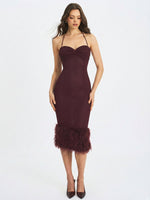 Pluma Maroon Halter Faux-Fur Trimmed Midi Dress Miss Circle