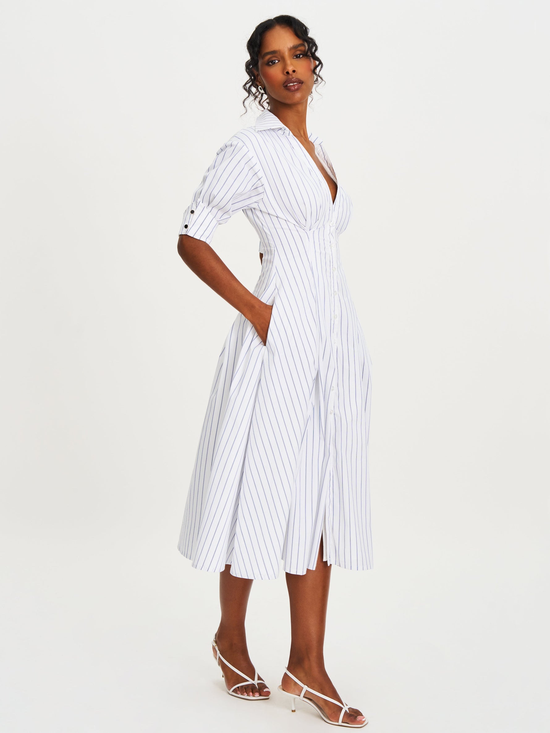 Palina Pinstripes Cotton Poplin Pleated Midi Preppy Shirt Dress Miss Circle