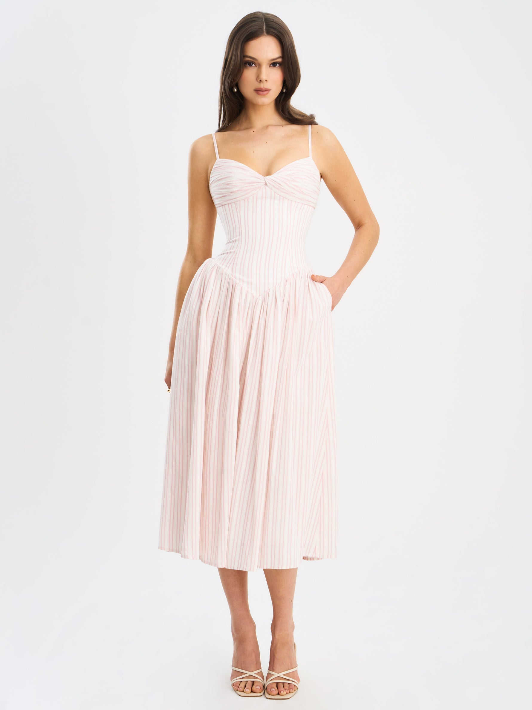 Zania Pink Stripe Ruched Breast Cotton Jacquard Midi Dress Miss Circle