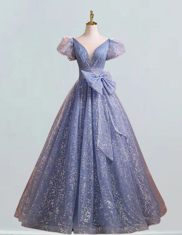 Grey Blue sparkle lace Prom Dress Short sleeve Formal Party Evening Gowns Plus Size Floor Length